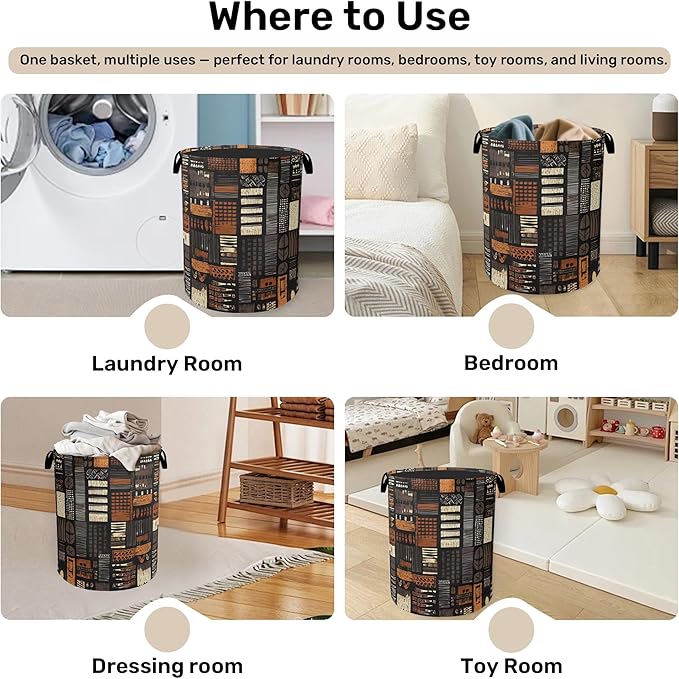 African Style Brown Orange Laundry Basket - Heavy Duty 60L Dirty Clothes Organizer, Water Resistant Foldable Hamper for Men Women