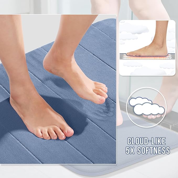 Yimobra Memory Foam Bath Mat, Super Soft Absorbent Bathroom Rug Non Slip 24x17 Inch, Quick Dry, Machine Washable Floor Carpet for Tub Shower, Home Decor Accessories, Denim Blue