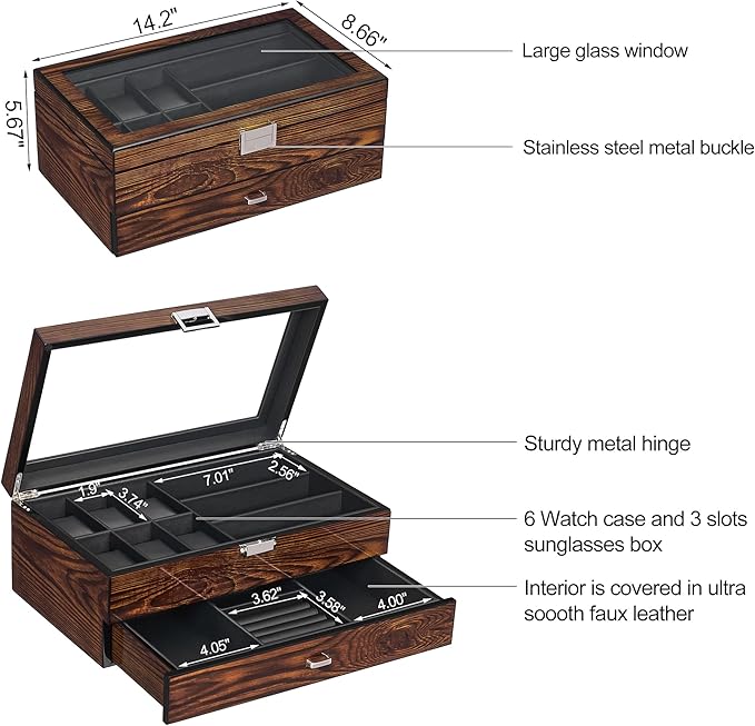 BEWISHOME High-End Watch Box, 6-Slot Watch Case and 3 Glasses Case, 2-Layer Wooden Mens Jewelry Box with Large Glass Lid, Luxury Watch Display Case for Men Watch Storage, PU Leather Interior, Brown