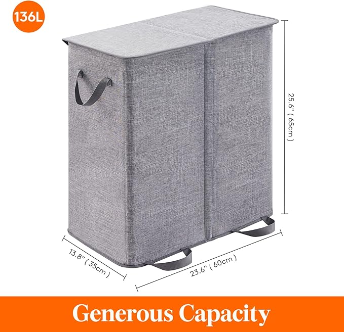 Lifewit Double Laundry Hamper with Lid and Removable Laundry Bags, Large Collapsible 2 Dividers Dirty Clothes Basket with Handles for Bedroom, Laundry Room, Closet, Bathroom, College, 136L Grey
