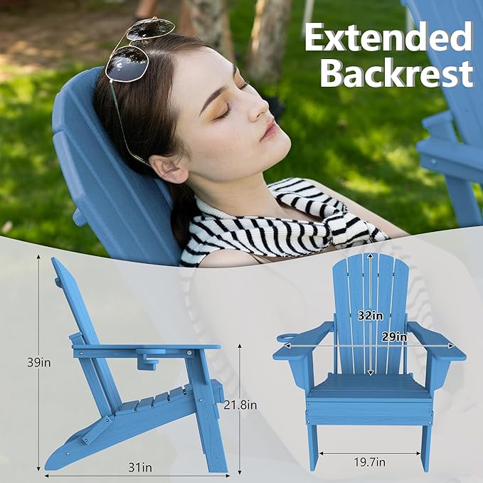 Plawdlik Folding Adirondack Chair with Cup Holder,SGS Tested,Heavy All-Weather,Wooden Textured,HDPE Outdoor Chairs for Patio Backyard Fire Pit, Light Blue