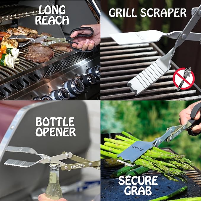 BBQ Croc 3-in-1 Barbecue Tool 15-inch - Pack of 2 - Extra Light Tongs, Spatula and Grill Scraper (Green) (15 inch Without Flashlight)