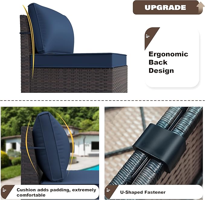 Kurapika 9 Pieces Patio Furniture Set, Rattan Sofa Set, Outdoor Conversation Sets w/Swivel Rocking Chairs Patio Sectional Sofa w/4in Cushion, Navy Blue