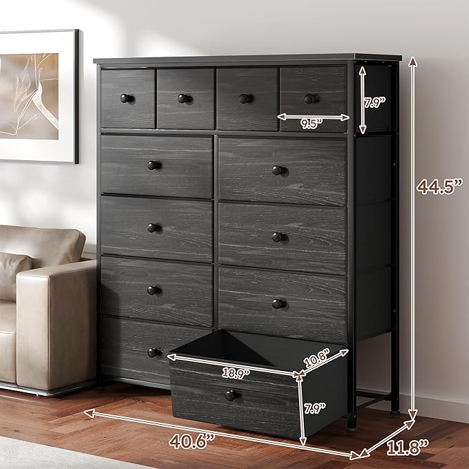 Dresser for Bedroom with 12 Drawers Tall Dressers for Bedroom Fabric Dressers & Chest of Drawers with Sturdy Metal Frame, Wood Top, for Woman, Closet, 40.6" W x 11.8" D x 44.5" H (Charcoal Black)