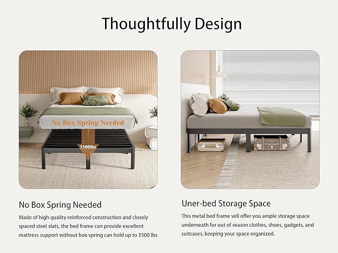 King Bed Frame Black, 14 Inch Metal King Size Bed Frame No Box Spring Needed, DIY Headboard Holes, Heavy Duty Steel Support 3500 LBS, Noiseless, Round Corner Legs, Storage Space, Easy Assembly