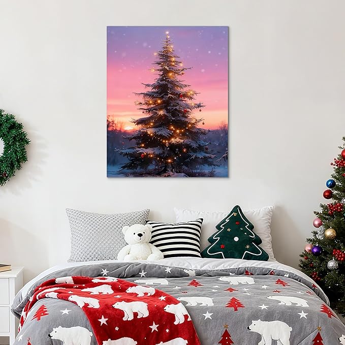 Framed Christmas Pictures Wall Decor,Vintage Pine Tree Prints,Winter Christmas Canvas Wall Art Decoration for Bedroom Bathroom Living Room Rustic Xmas Holiday Gifts (Christmas Tree 10, 20'' X 32'')