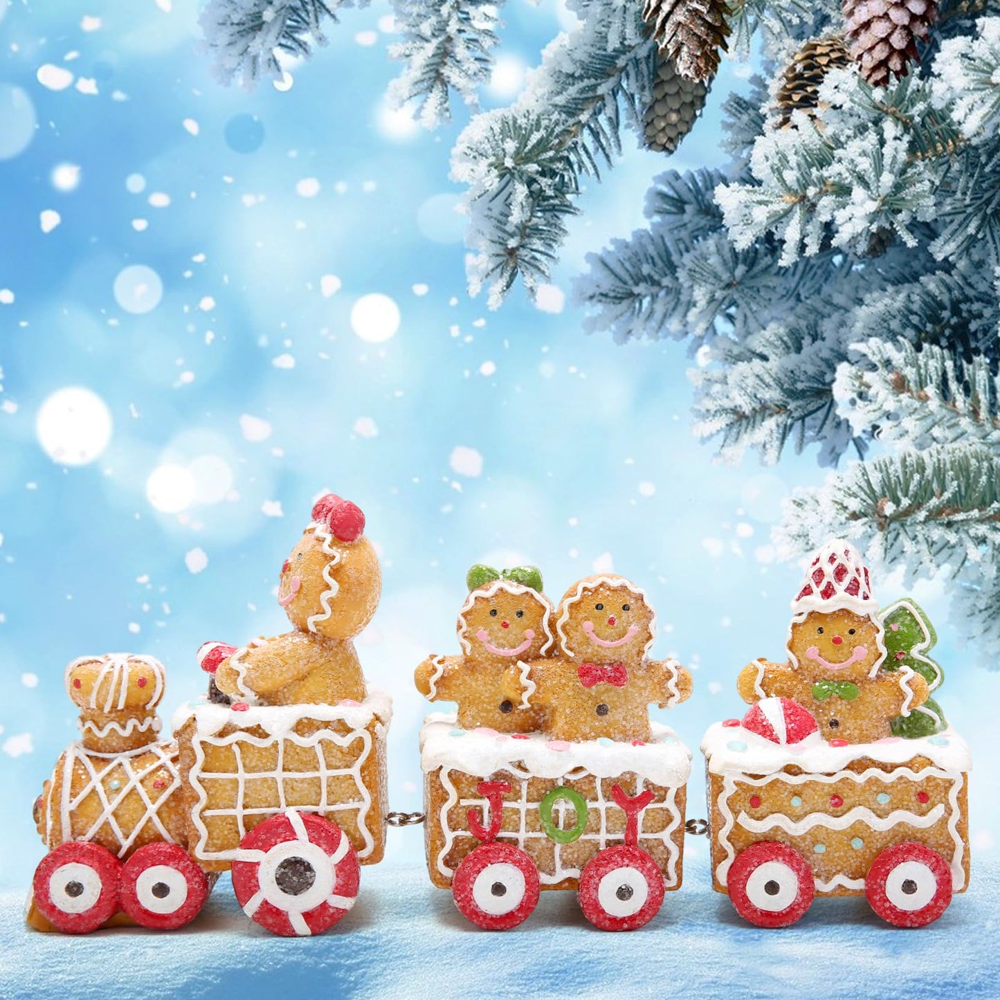 Hodao 9.25” Length Christmas Gingerbread Man Train Decorations Xmas Train Figurines Winter Decor Handmade Polyresin Gingerbread Man Figurines for Xmas Decor Gift - Christmas Party Home Decor