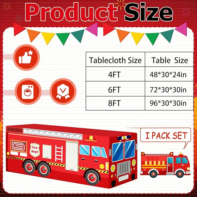 4Ft Fire Truck Birthday Party Tablecloth, Firefighter Party Decorations, Red 48" x 30" Polyester Rectangular Tablecloth for Kids Boys Firefighter Firetruck Theme Parties