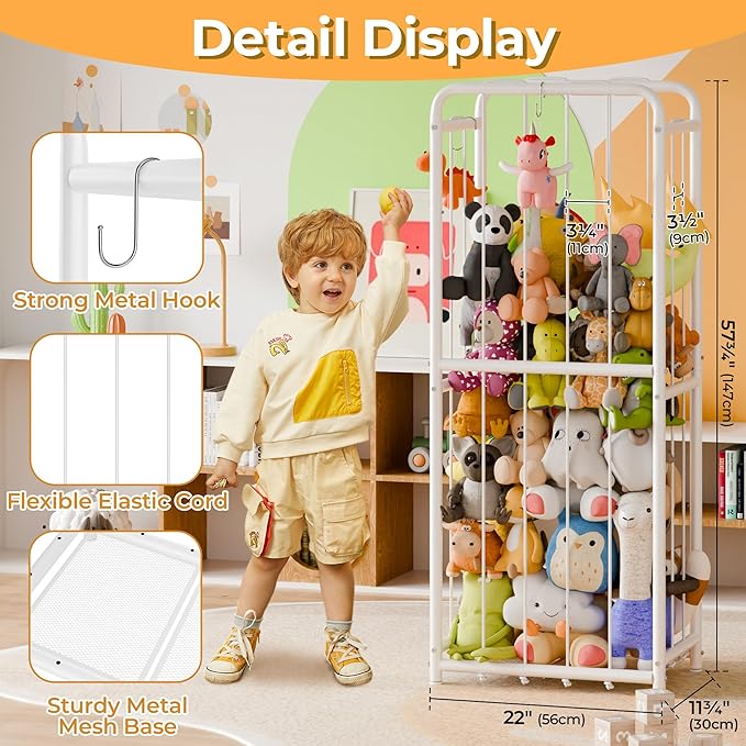 GRANNY SAYS Stuffed Animal Storage Tube, Large Stuffed Animal Holder with Elastic Band and Hooks, Metal Stuff Animal Organizer for Plushies Storage, Kids Toy Storage Organizer for Bedroom Playroom