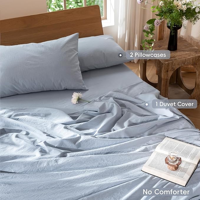 MooMee Bedding Duvet Cover Set 100% Washed Cotton Linen Like Textured Breathable Durable Soft Comfy (Heathered Cornflower Blue, Oversized Queen 98"x98")