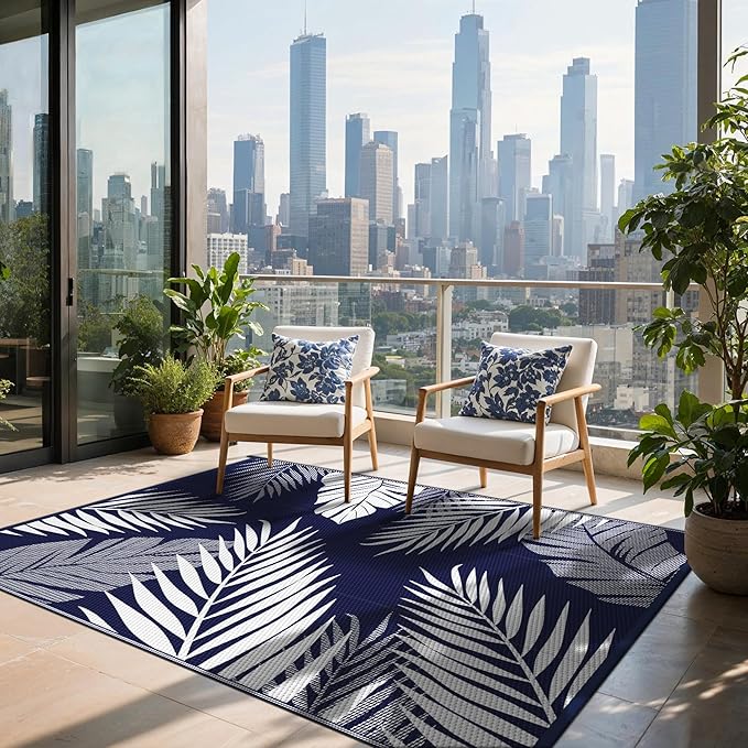 Outdoor Rug 5’x8’ Waterproof for Patio Clearance, Reversible Indoor Outdoor Plastic Straw Camping Rug Carpet, RV Mat, Large Area Rug for Deck, Backyard, Balcony, Porch, Beach, Blue & White