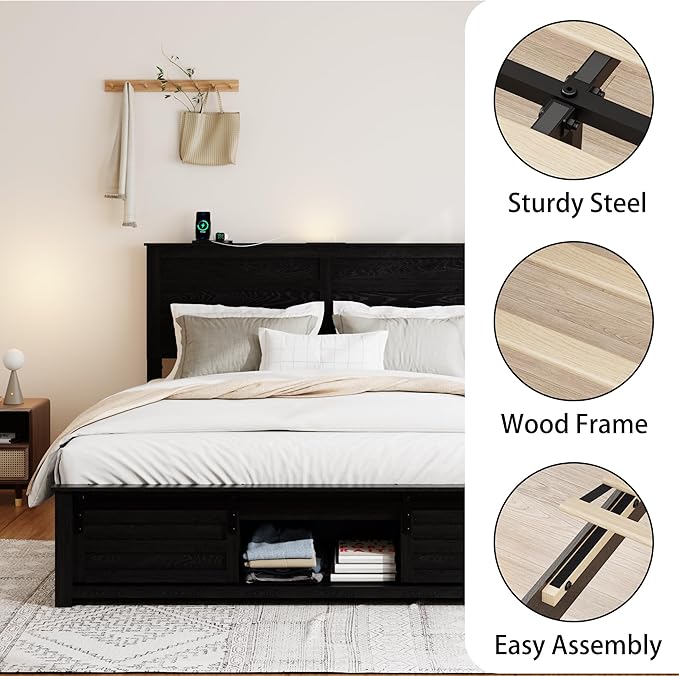 Wooden Queen Size Bed Frame with Headboard, Classic Black Farmhouse Storage Bedframe with Sliding Barn Door Footboard and Charging Station, Wood Slats, No Box Spring Needed