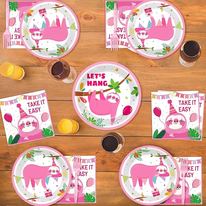 Wiooffen 96 Pcs Sloth Animal Party Plates Napkins Tableware Set Pink Sloth Themed Decoration Favors for Baby Shower Birthday Party, 24 Guests