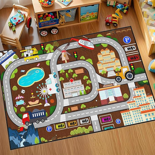 Car Rugs for Kids Toy Cars - City Life Road Rug for Playroom Car Track Rug Car Carpet for Kids Boys Living Room Bedroom Classroom, 3'×5'