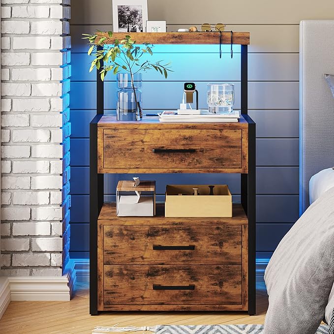 AOGLLATI Nightstand Set of 2 with Charging Station and LED Lights, Bedside Table with 3 Drawers and Open Storage Shelves, 2 USB Ports and 2 AC Outlets, LED Night Stand for Bedroom, Rustic Brown