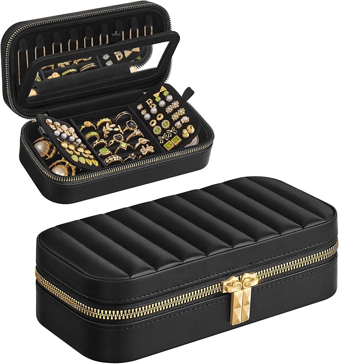 SONGMICS HOME Travel Jewelry Case, Small Jewelry Box Organizer with Mirror, 4.1 x 8 x 2.4 Inches, PU Surface with Stitching, Portable, Ink Black, ANAH Collection UJBC180B01