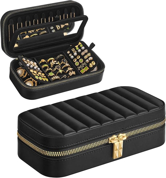 SONGMICS HOME Travel Jewelry Case, Small Jewelry Box Organizer with Mirror, 4.1 x 8 x 2.4 Inches, PU Surface with Stitching, Portable, Ink Black, ANAH Collection UJBC180B01