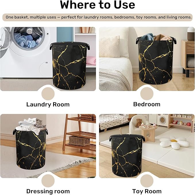 Black Marble Foldable Laundry Hamper - Waterproof Fabric Storage Basket with Handles, Clothes Hampers for Laundry,Bedroom,Dorm