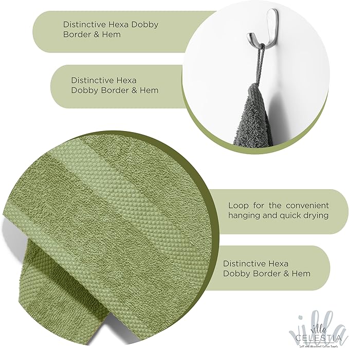 100% Cotton Bath Towel Set of 24-6 Bath Towels, 6 Hand Towels, 12 Wash Cloths, Sustainable, Soft, Highly Absorbent, Combed Cotton 24 Piece Set for Hotels, Spa, Bathroom, Dorm, Sage
