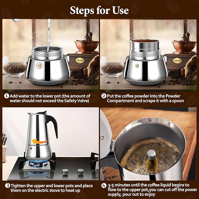 2 Cup Moka Pot Percolator Italian Coffee Maker 100ml Stovetop Espresso Mocha Stainless Steel Greca Coffee Maker Classic Cafe Makers Suitable for Induction Cookers Ceramic Stoves Tummy