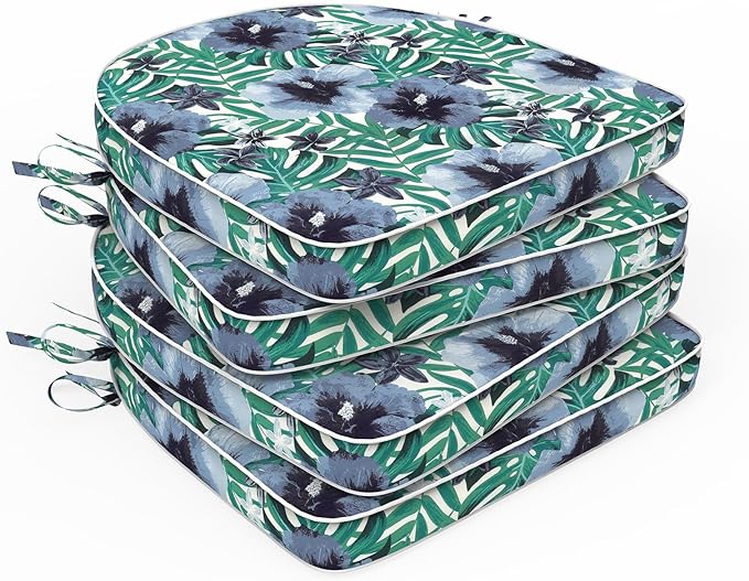 Set of 4 Outdoor Chair Cushions 19"x19"x2",Water Repellent Dining Seat Cushion with Ties and Removable Covers, Chair Cushions for Indoor and Patio Furniture, Blue Salmone Tropical