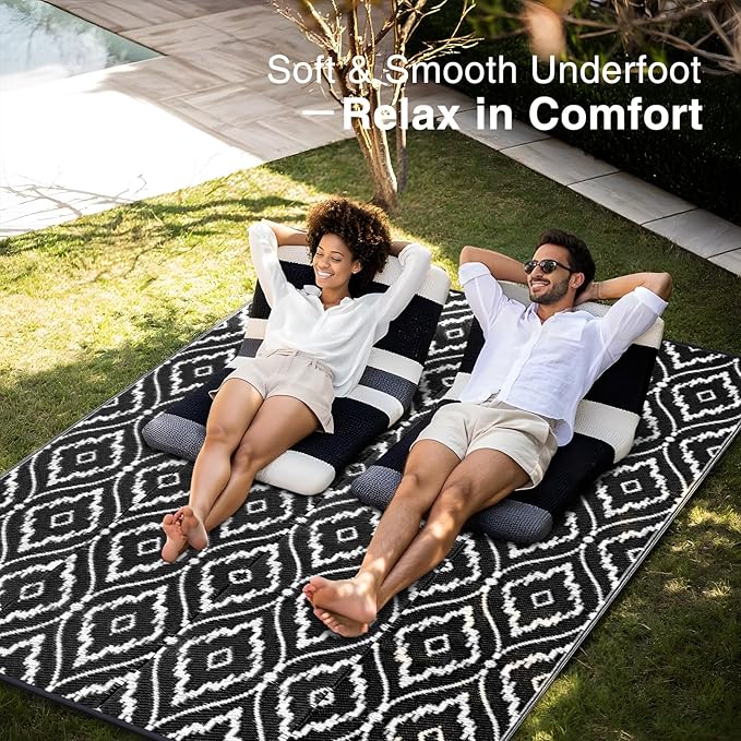 OLANLY Outdoor Rug 9x12 ft Waterproof, Outdoor Plastic Straw Rug with Geometric Pattern Clearance, Reversible RV Mat for Patio, Camping, Balcony, Deck, Backyard, Black & White
