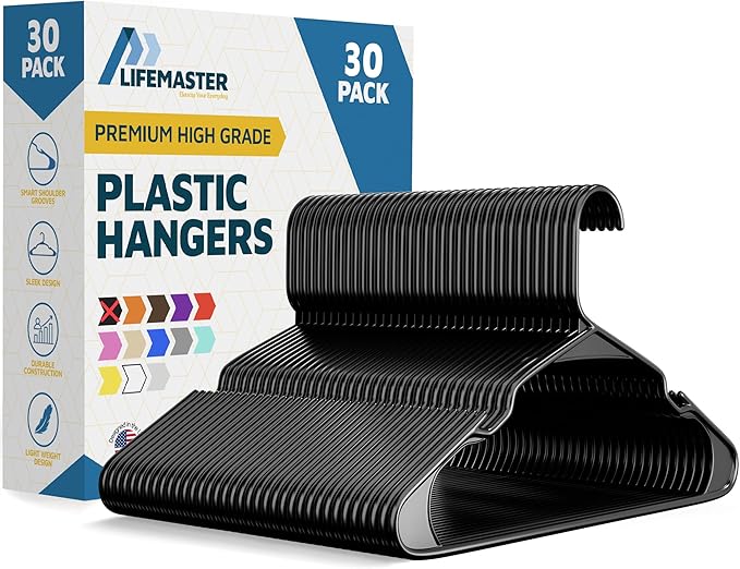 Plastic Clothes Hanger Set - 30 Pieces Versatile, Lightweight, Space-Saving, Non-Slip, Slim Designed, Dry and Wet Clothes Hanger Set - Black