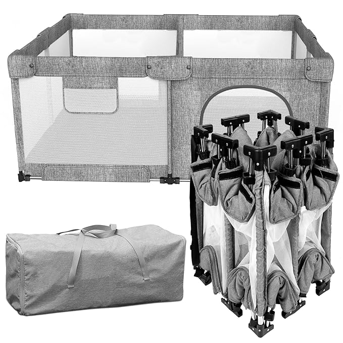 Foldable Baby Playpen with Gate, Extra Large Collapsible Play Yard for Babies & Toddlers, Portable Travel Playpen, Baby Activity Center for Indoor & Outdoor Use (Grey 51"×51")