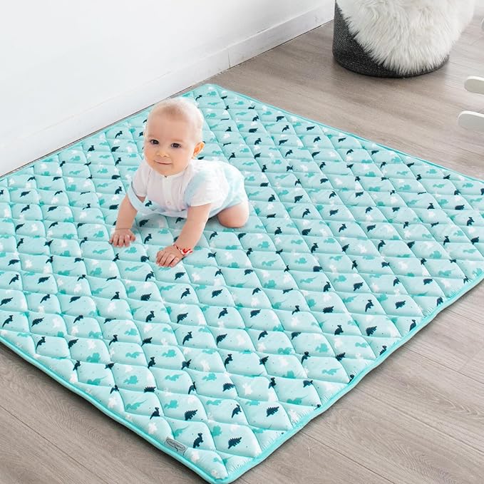 Premium Foam Baby Play Mat 50" X 50" - Non Slip Cushioned, Thick One-Piece Crawling Mat, Easy Clean, Aqua Dinosaur