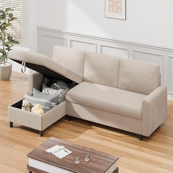 Shintenchi Sofa Couch, Pullout Sofa Bed,2 in 1 Pull Out Couch Bed with Storage Chaise for Living Room,Sleeper Sofa Couches Linen Sectional Sofa,White