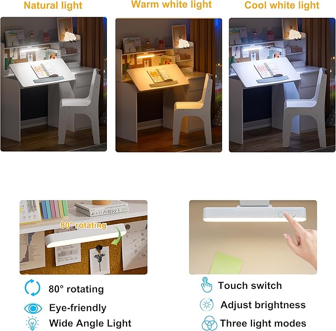 PAKASEPT Kids Desk and Chair Set,Kids Study Desk with 3-Color Lights(Not Rechargeable),Tiltable Desktop,Multi Functional Table for Kids 5-12,Student Writing Desk with Hutch,Storage Cabinet for Bedroom