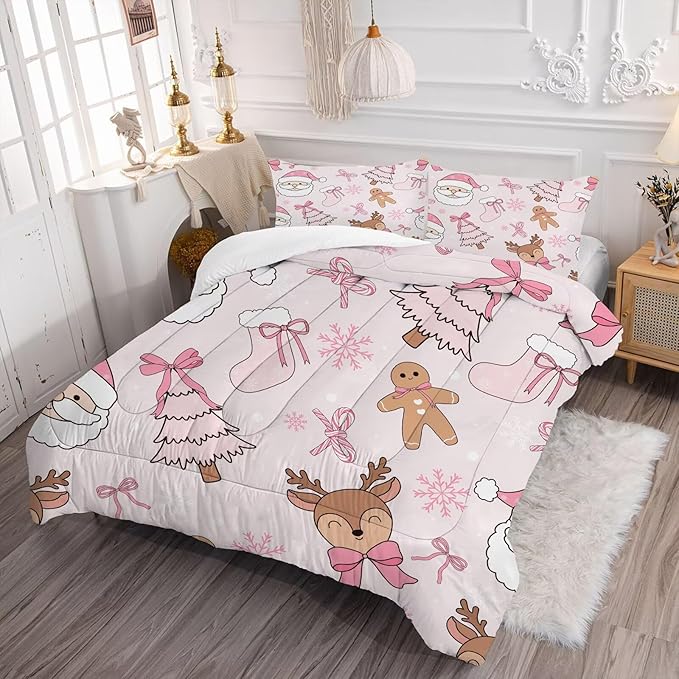 Light-Pink Christmas Comforter Set Full for Girls, Cute Santa Claus Christmas Tree and Reindeer Printed Bedding Set, Cartoon Xmas Bed Set with 1 Comforter and 2 Pillowcases