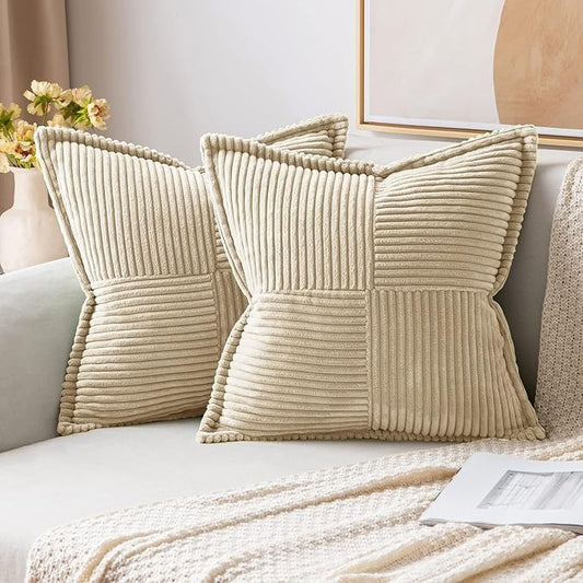 MIULEE Cream Corduroy Decorative Euro Sham Pillow Covers 24x24 Inch with Splicing Set of 2 Soft Boho Pillow Covers Broadside Textured Pillowcases for Couch Bed Livingroom