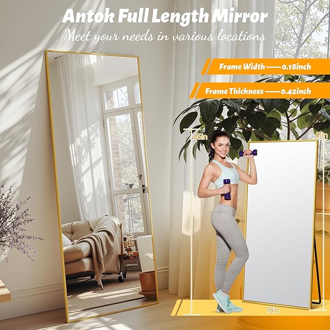 Antok Mirror Full Length, 61"x18" Big Floor Mirror, Oversized Full Body Mirrors with Stand for Bedroom, Living Room Cloakroom, Gold, Rect Corner Style