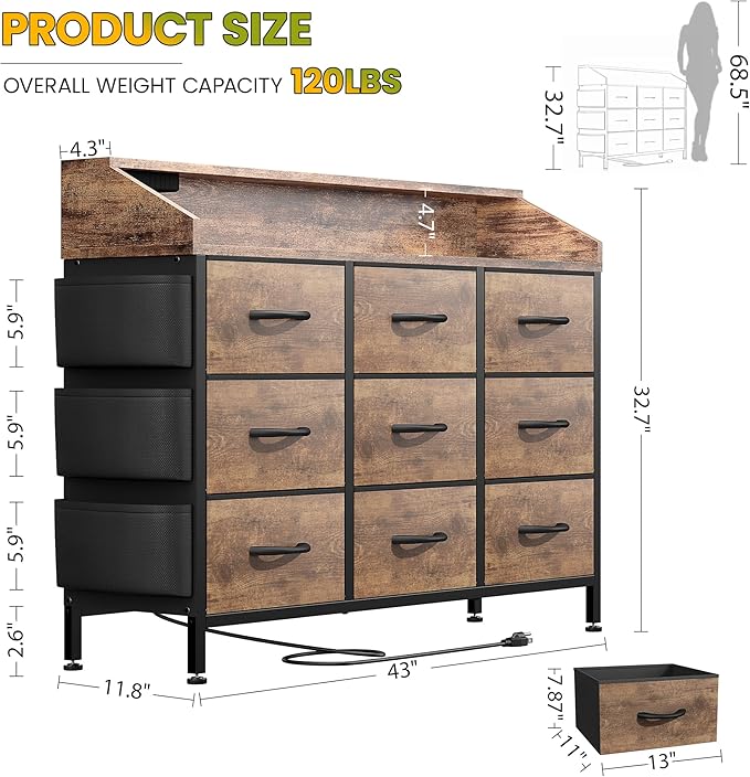 Lulive Brown Dresser for Bedroom 9 Drawers - Fabric Dressers for Bedroom with LED Light & Charging Station