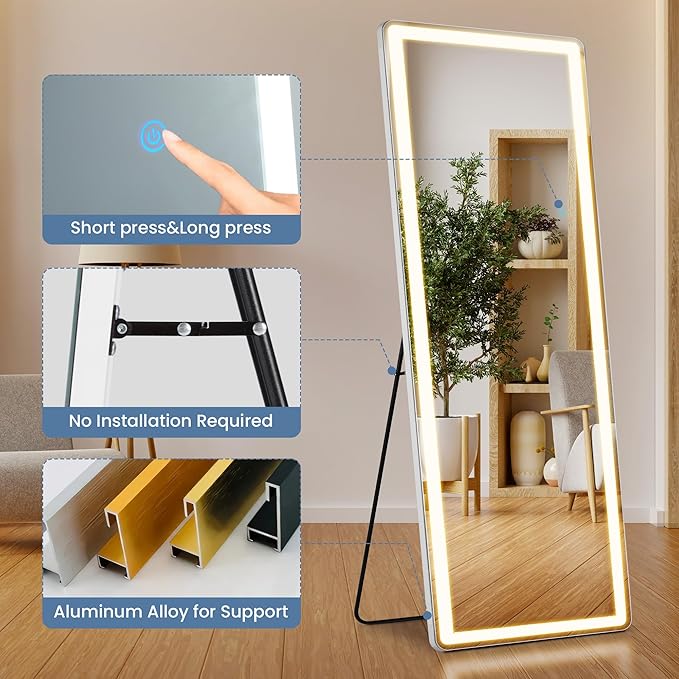 OLIXIS 21"×64" Full Length Mirror with Light, LED Floor Full Body Mirror with 3 Color Lighting