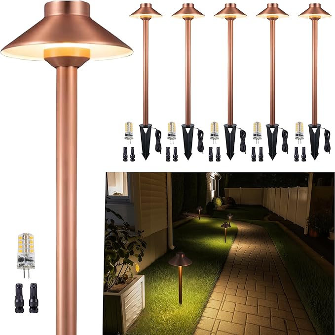 Low Voltage Landscape Lighting Brass, 12v Pathway Lights Waterproof, Hard Wired Path Light Outdoor, Mushroom Copper for Exterior Area Patio House with 3W 270LM 3000K G4 Bulb (6 Pack)