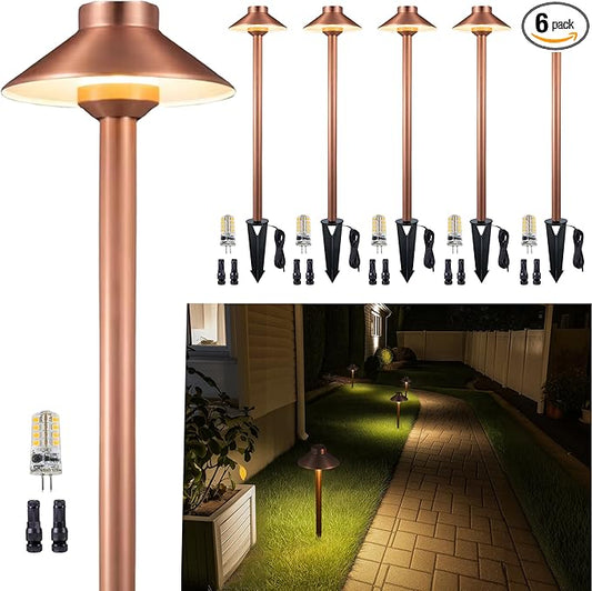 Brass Copper Low Voltage Pathway Lights, Waterproof Landscape Outdoor Path Light, 12V LED Bronze Hat Top Driveway Lamp for Garden Yard House with 3W 270LM 4000K G4 Bulb 6 Pack
