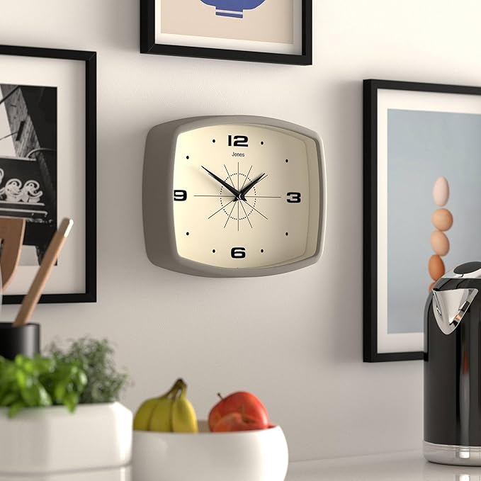 JONES CLOCKS® Movie Wall Clock | Rectangular Retro Clock | 25cm | Gray | Cool mid-Century Designer Look for Kitchen, Living Room or Office