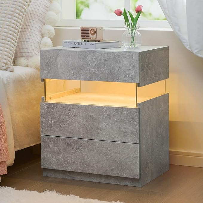 Bingoday LED Nightstand LED Bedside Tables with 3 Drawers Night Stand for Bedroom LED End Side Tables for Bedroom Living Room