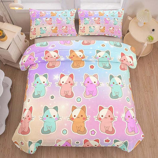 Tailor Shop Cat Girls Comforter Sets King Size,Cat Bedding Sets for Girls Kids Teens with 1 Pillowcase……
