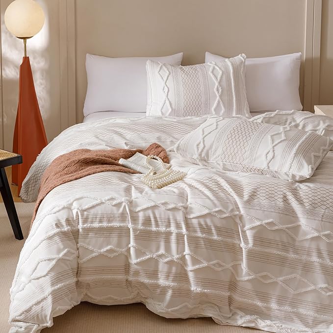 Boho Beige Comforter King Set Striped Comforter 3 Pieces Tufted Geometric Bedding Set Soft Fluffy Geometric Pattern Bedding for All Seasons