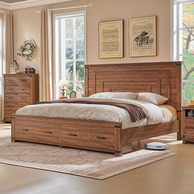 RedLemon Farmhouse King Size Bed Frame w/ 54" Tall Geometric Headboard, Rustic Wood Platform Bed w/ 2 Large Storage Drawers, Wood Slats Support, Noise Free, No Box Spring Needed, Reclaimed Barnwood