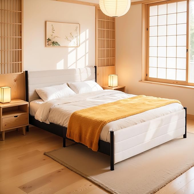 Hokway Bed Frame Upholstered Platform Bed with Headboard Wooden Slat Support No Box Spring Needed(Queen, Beige)