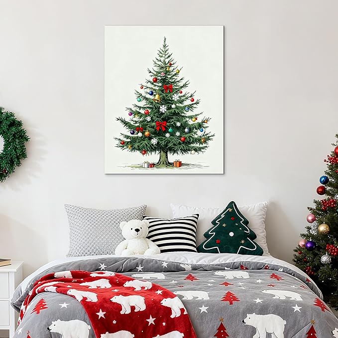 Framed Christmas Pictures Wall Decor,Vintage Pine Tree Prints,Winter Christmas Canvas Wall Art Decoration for Bedroom Bathroom Living Room Rustic Xmas Holiday Gifts (Christmas Tree 8, 11'' X 14'')