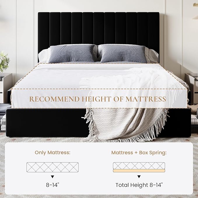 SHA CERLIN Queen Size Platform Bed Frame with 4 Storage Drawers, Vertical Channel Tufted Adjustable Headboard, Velvet Upholstered, Wooden Slats Support, No Box Spring Needed, Easy Assembly, Black