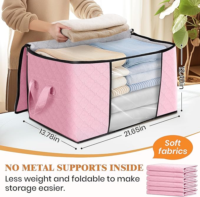 Fab totes 8 Pack Clothes Storage, Foldable Thick Fabric Blanket Storage Bags, Containers for Organizing Bedroom, Closet, Clothing, Comforter,Organization with Handle,Pink