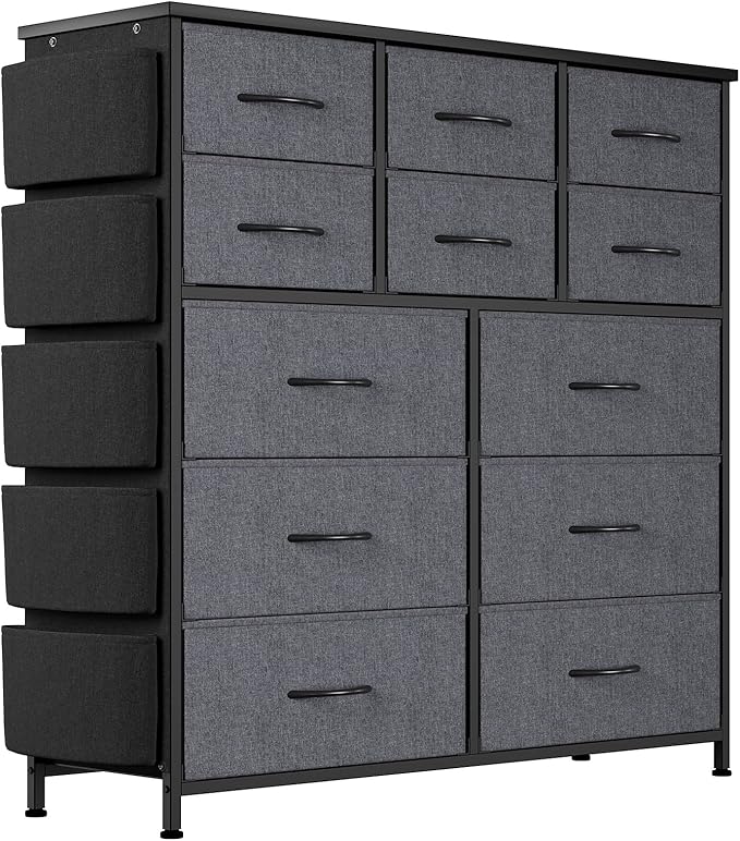 Dresser for Bedroom with 12 Drawers, Tall Dresser Chest of Drawers with 5 Side Pockets and Hooks, Wooden Top Fabric Dresser Storage Tower for Closet, Hallway, Living Room, Dark Grey
