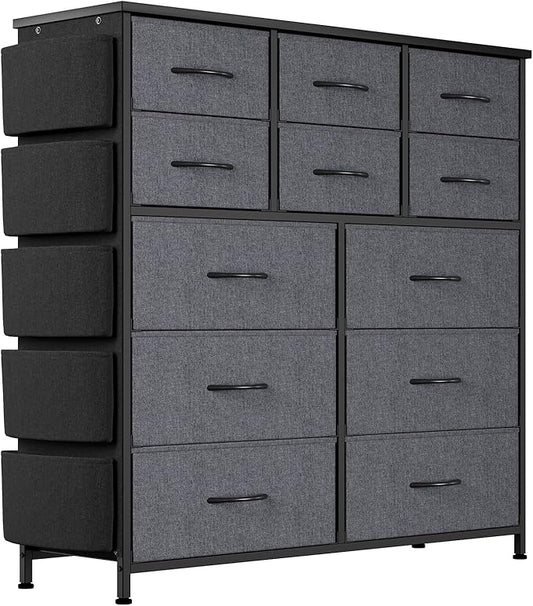 Dresser for Bedroom with 12 Drawers, Tall Dresser Chest of Drawers with 5 Side Pockets and Hooks, Wooden Top Fabric Dresser Storage Tower for Closet, Hallway, Living Room, Dark Grey
