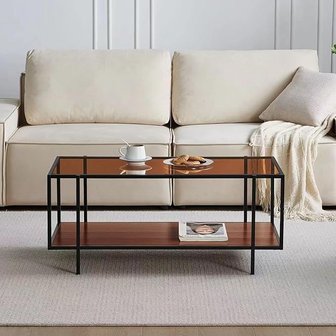Shrine Glass Coffee Table, Modern Design, Dual-Layer Coffee Table for Living Room, Black-Plated Metal Frame, Brown Glass Top, Walnut Wood Panels
